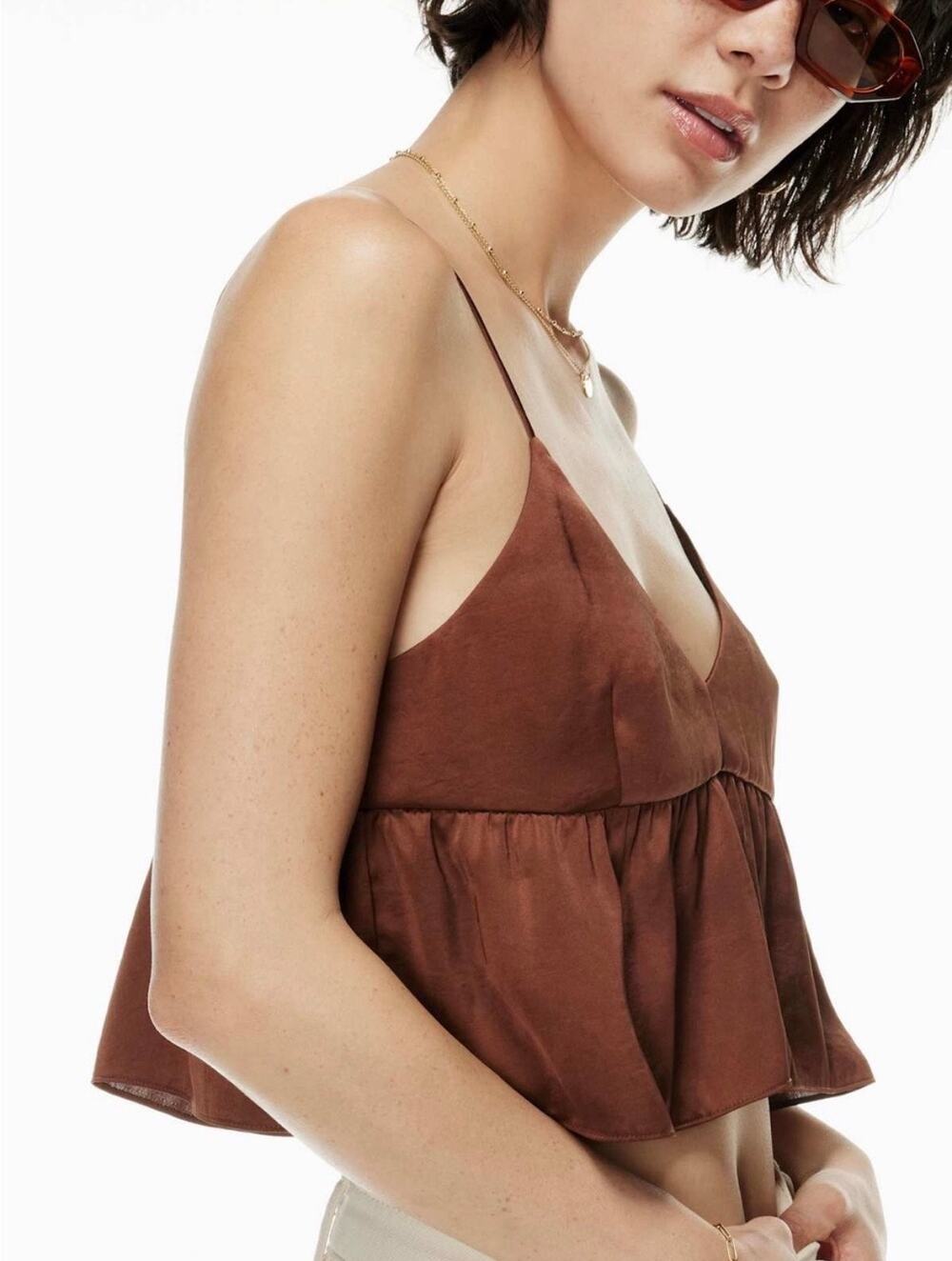 Aritzia Wilfred Lover Brown Satin Cropped Camisole Tank Top Large Peplum V Neck